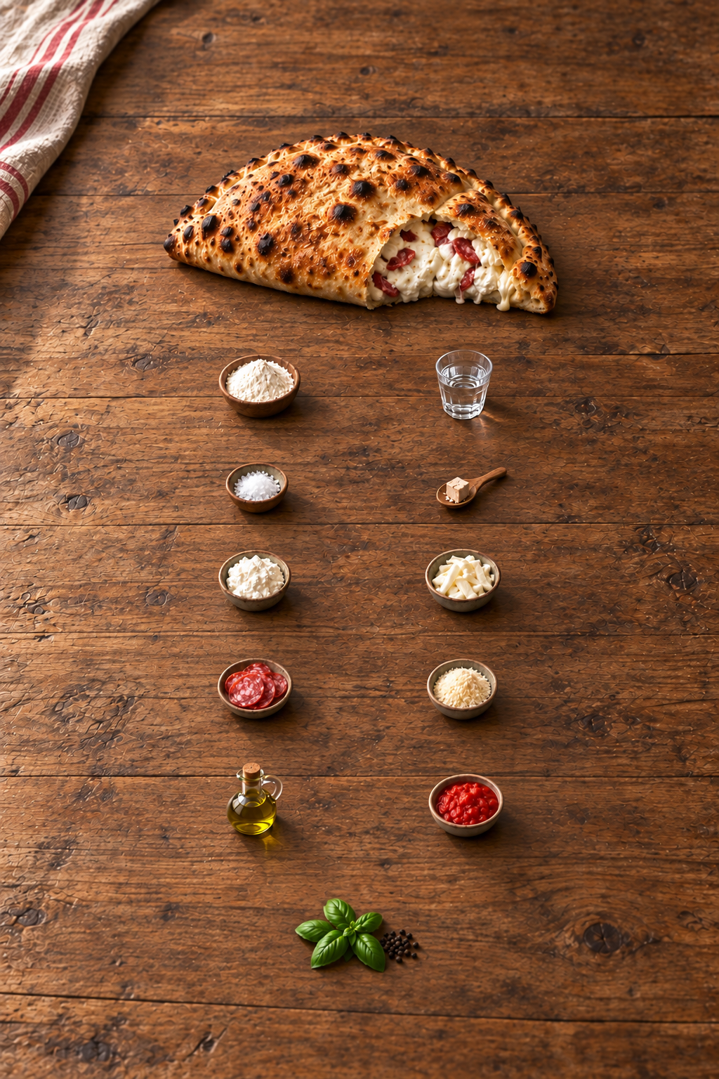 Calzone Napoletano e ingredienti disposti su un tavolo di legno