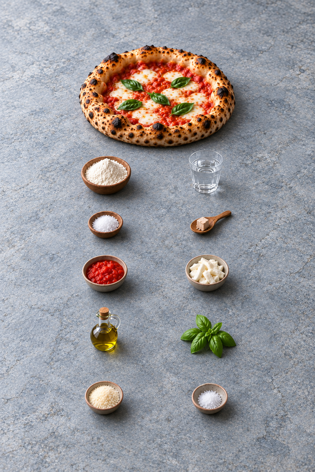 Pizza Contemporanea e ingredienti disposti su un tavolo di pietra chiara
