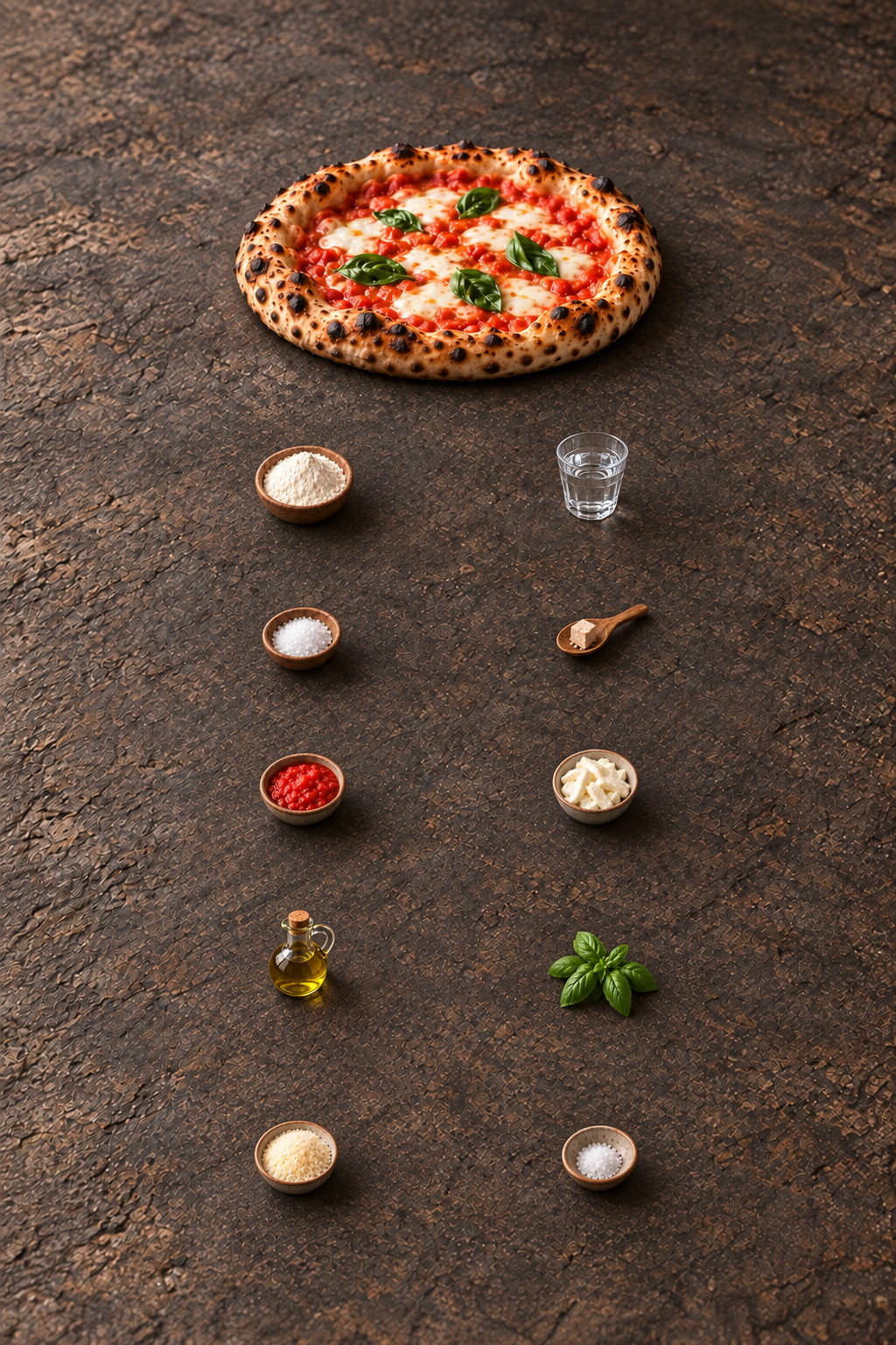 Pizza Napoletana Margherita e ingredienti disposti su un tavolo di pietra scura