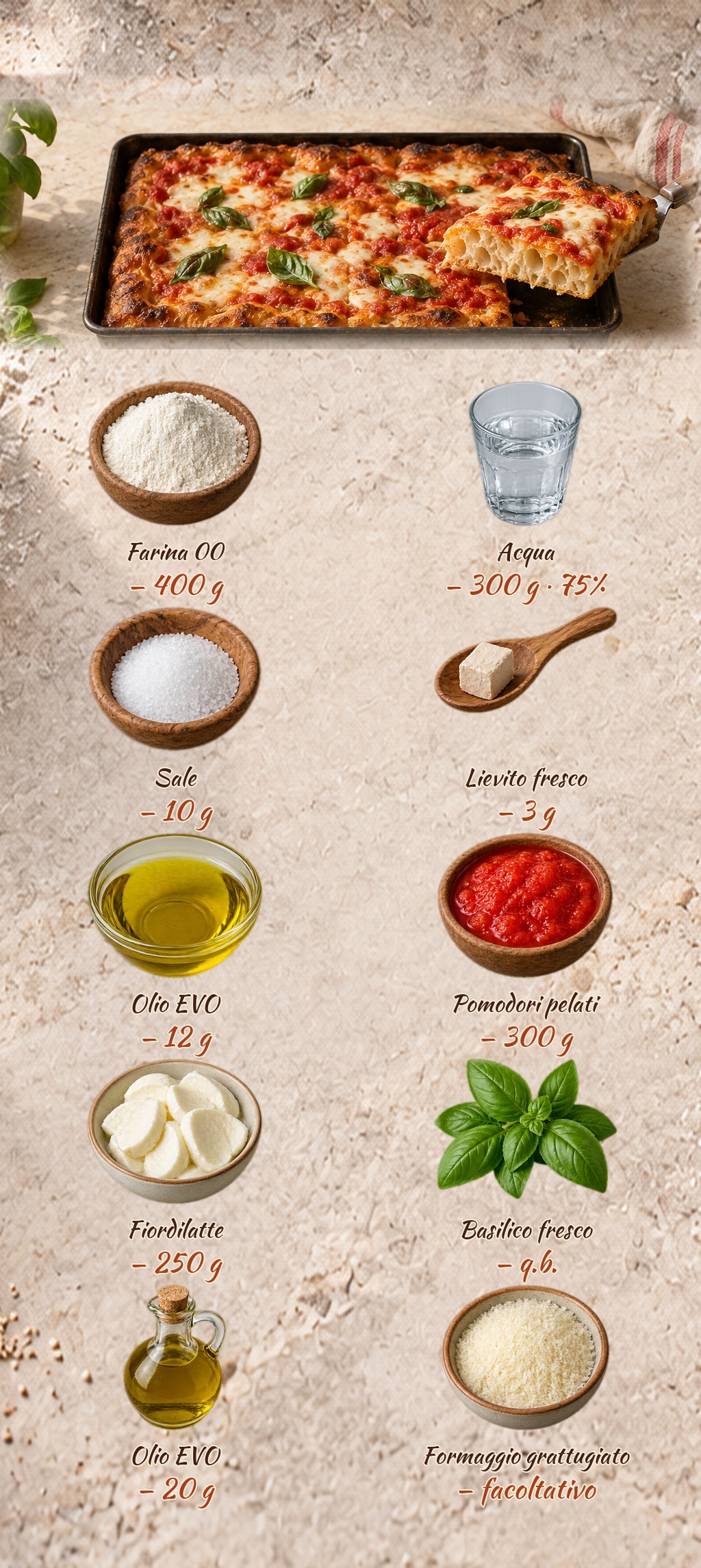 Pizza e ingredienti disposti sul tavolo