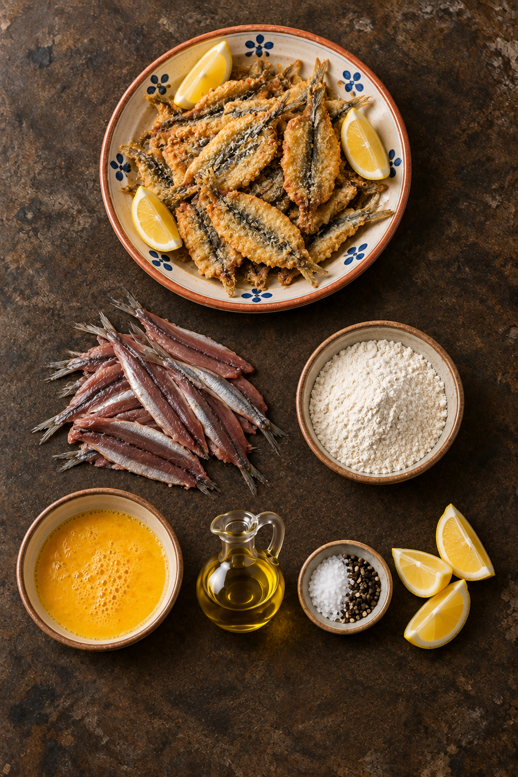 Alici indorate e fritte e tutti gli ingredienti disposti su un unico tavolo di pietra