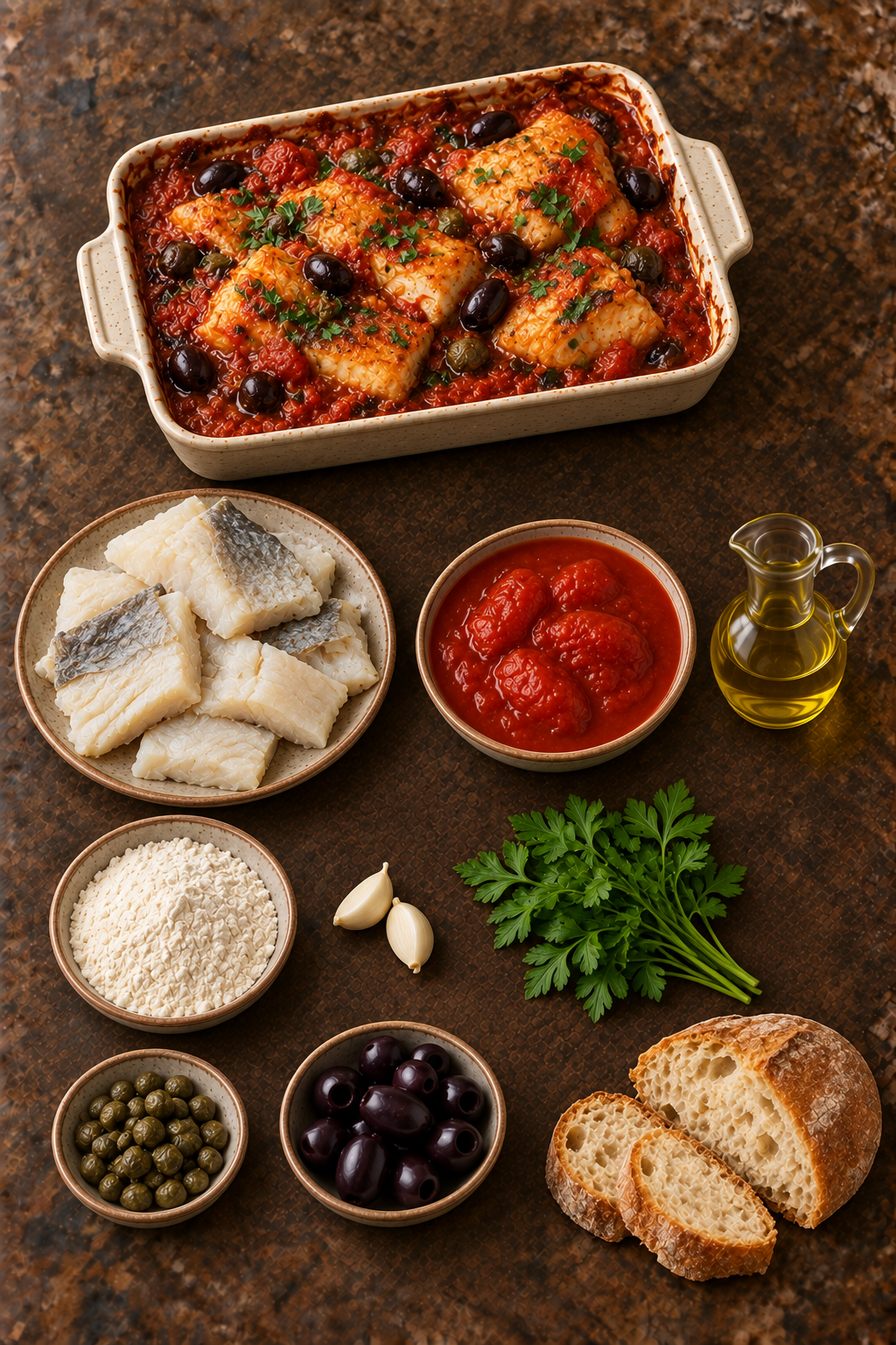 Baccalà alla napoletana e ingredienti su un unico tavolo di pietra