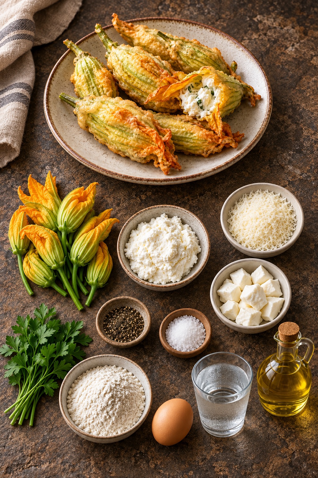 Fiori di zucca ripieni e ingredienti disposti su un unico tavolo