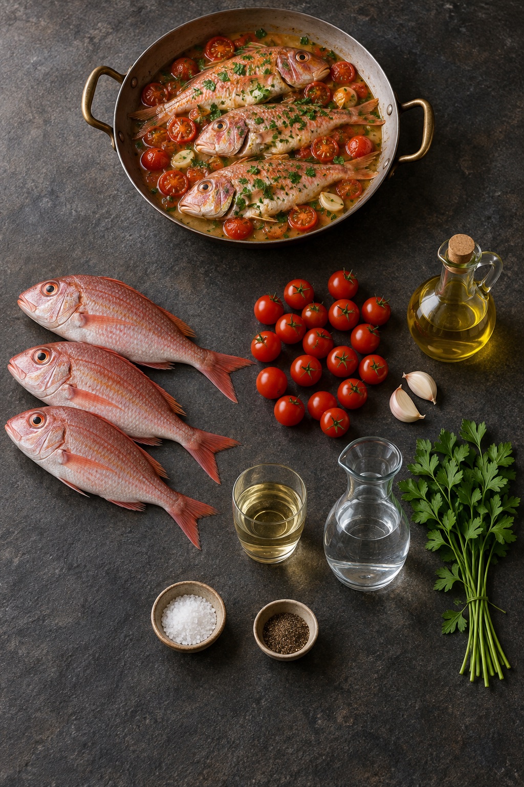 Fragolini all’acqua pazza e ingredienti disposti su un tavolo di pietra