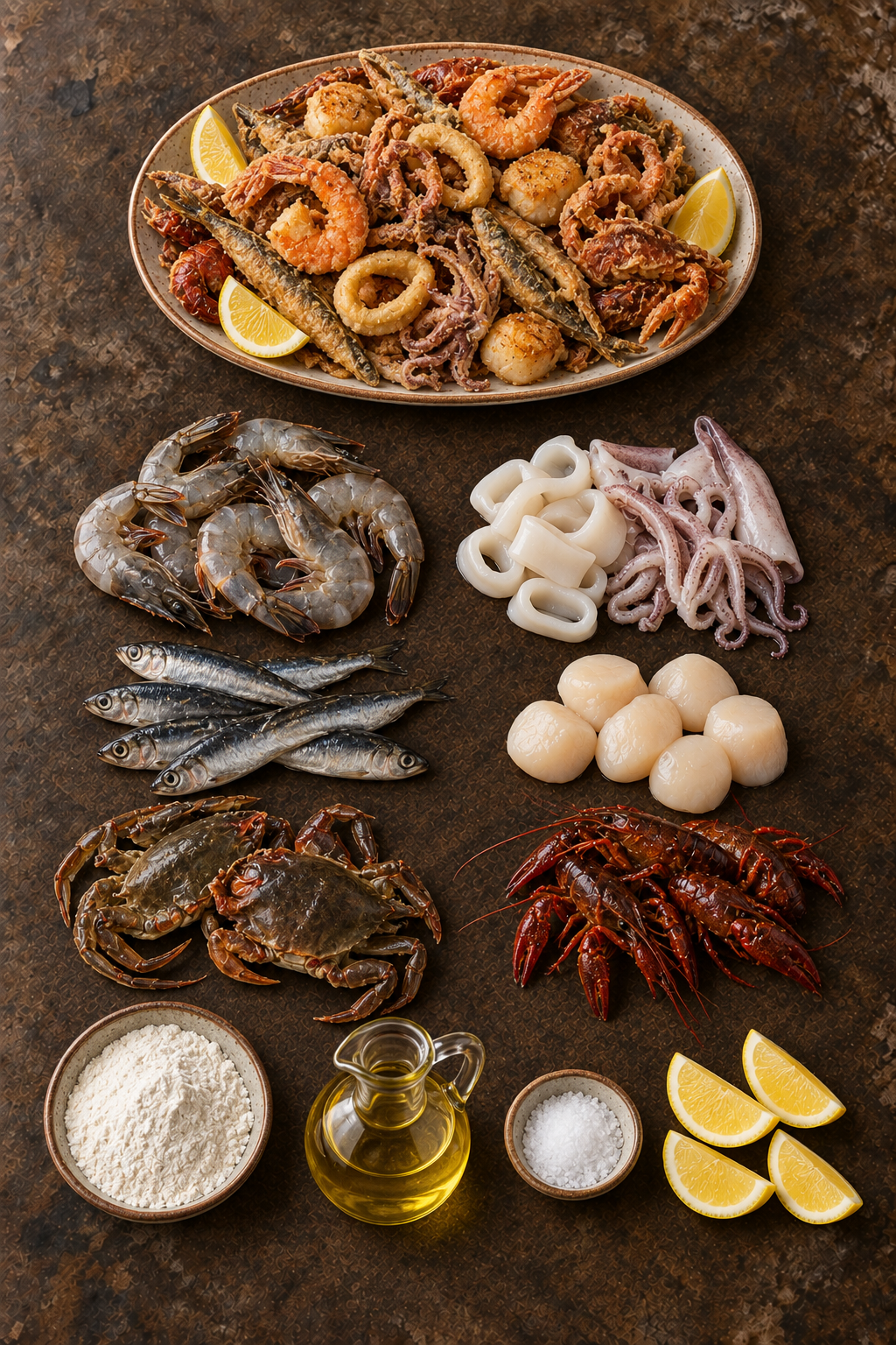 Fritto misto di mare e tutti gli ingredienti disposti su un unico tavolo di pietra