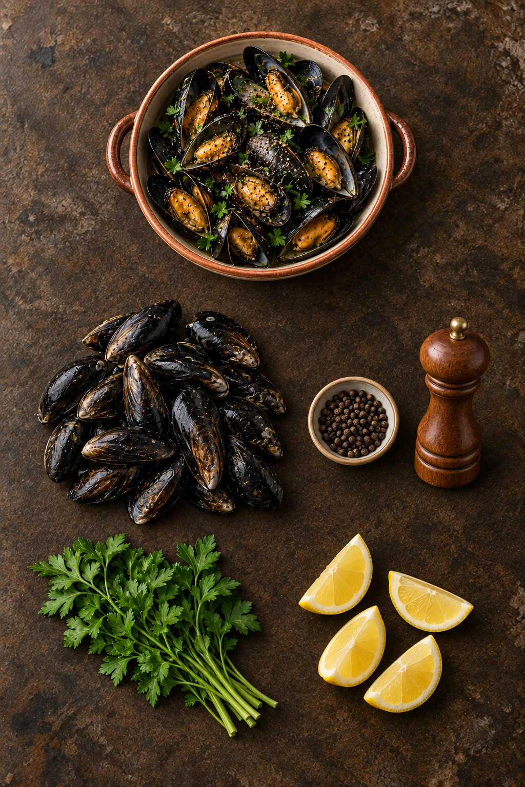 Impepata di cozze e tutti gli ingredienti disposti su un unico tavolo di pietra