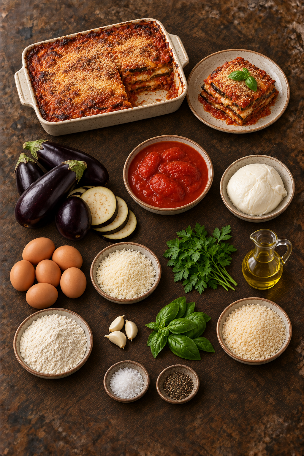 Parmigiana di melanzane e tutti gli ingredienti disposti su un unico tavolo di pietra