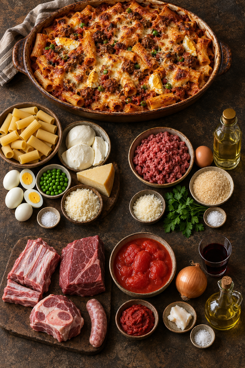 Pasta al forno alla napoletana e tutti gli ingredienti disposti su un unico tavolo