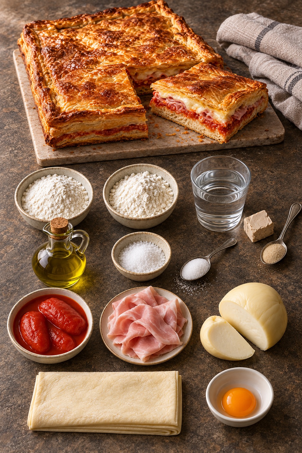 Pizza Parigina e ingredienti disposti su un unico tavolo