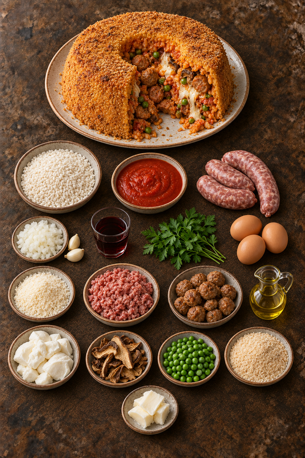 Sartù di riso e tutti gli ingredienti disposti su un unico tavolo di pietra