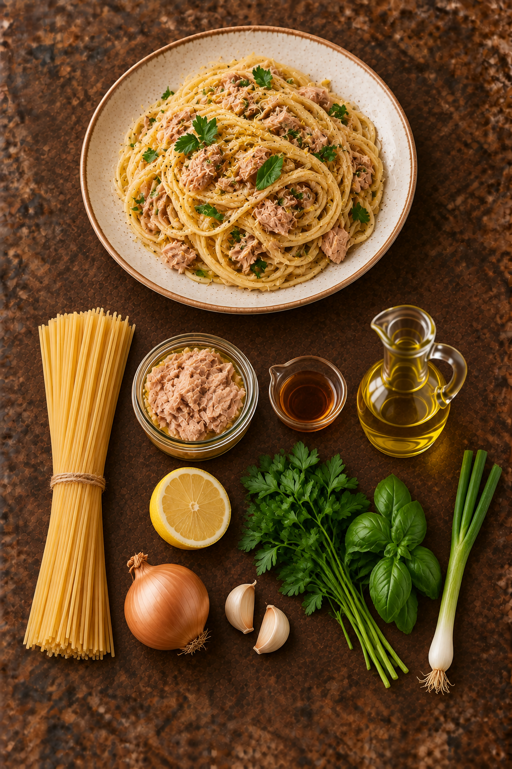 Spaghetti al tonno e tutti gli ingredienti disposti su un unico piano