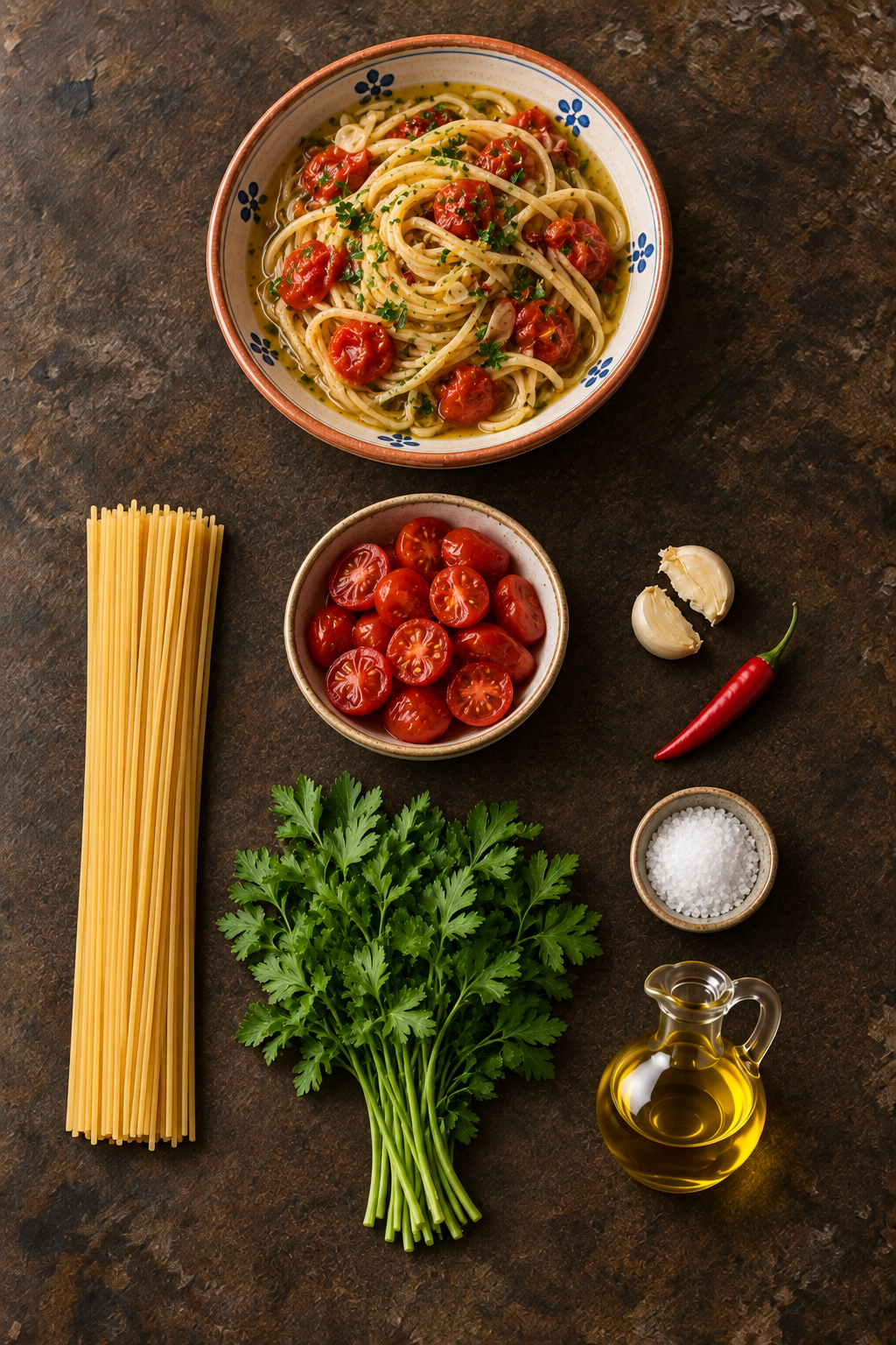 Spaghetti alle vongole fujute e tutti gli ingredienti disposti su un unico tavolo di pietra