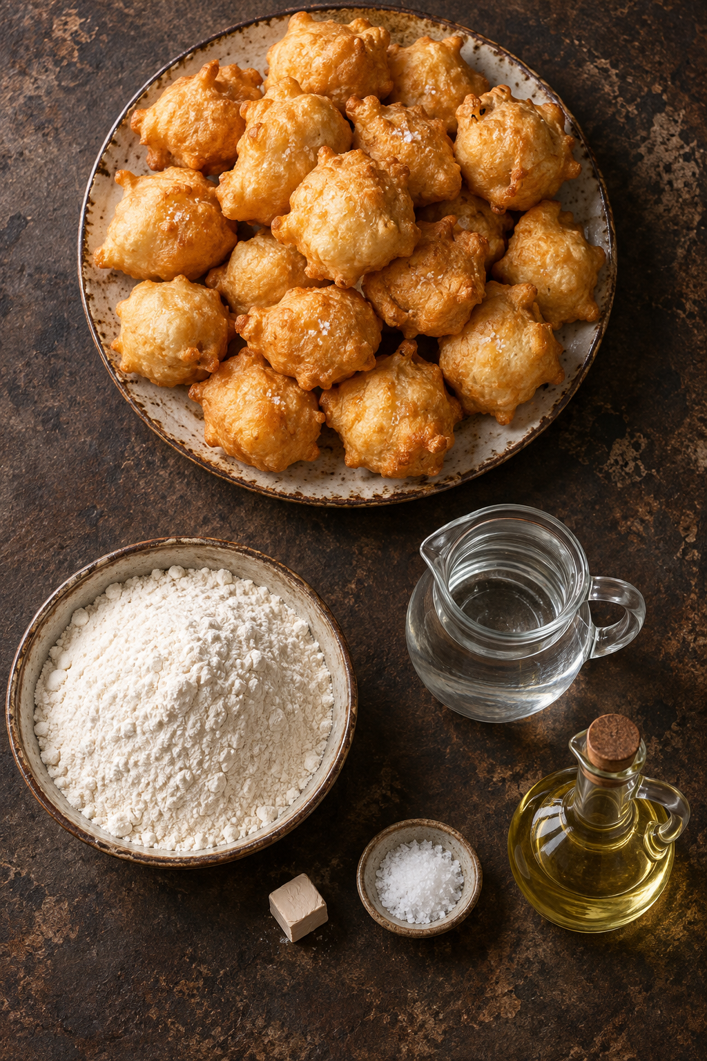 Zeppole di pasta cresciuta e ingredienti disposti su un unico tavolo